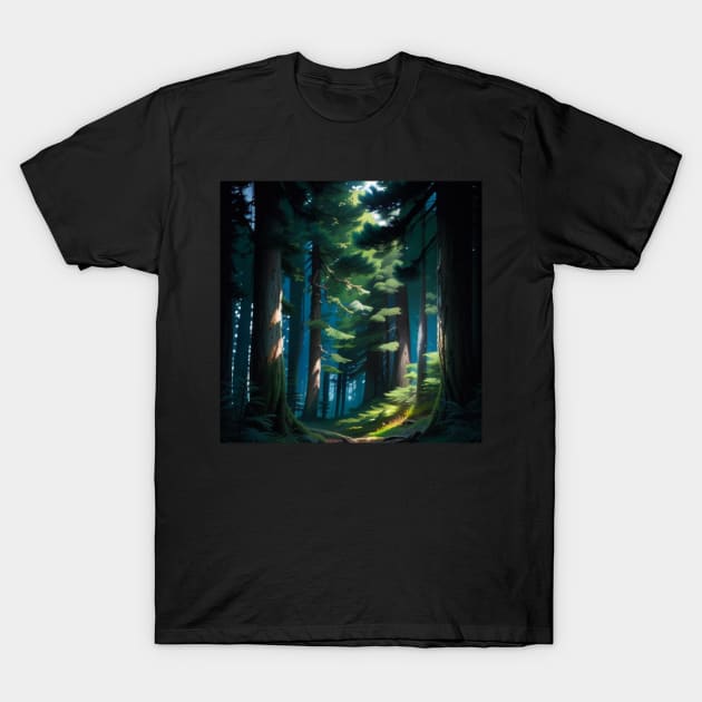 Light Streaming Through a Quiet Pine Forest T-Shirt by CursedContent